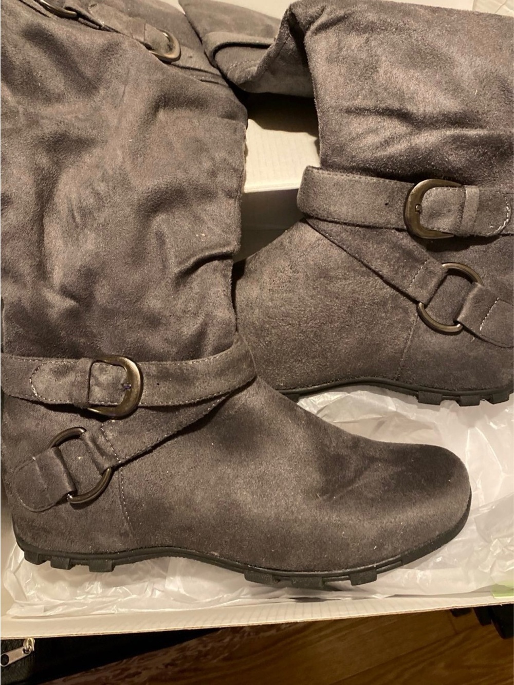 Maurices Dark Gray Mid-Calf Buckle Heeled Boots